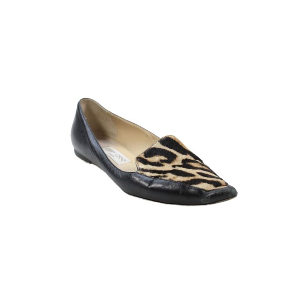 Jimmy Choo Womens Animal Print Leather Pony Hair Flats Shoes Black Brown Size 9